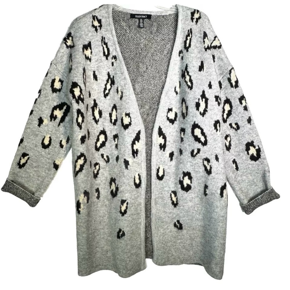 Ellen Tracy Gray Leopard Open Duster Cardigan